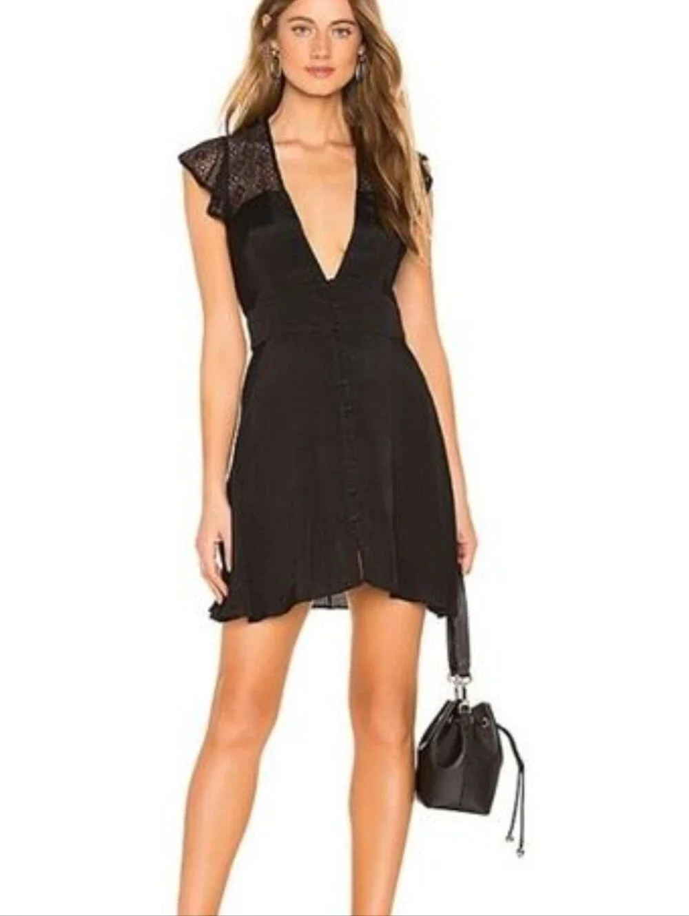 FREE PEOPLE NWT Elegant Black V-Neck Button-Front Dress